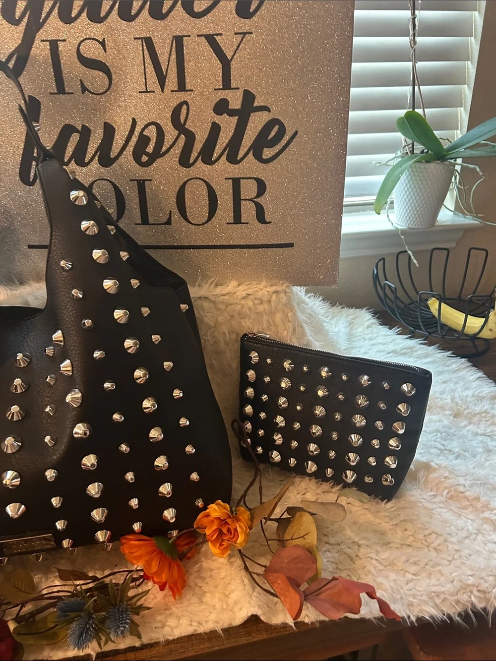 Black Studded Hobo Bag with Matching Wallet - Unbranded